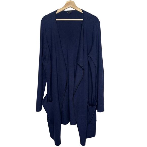 Ann Taylor Long Line Waterfall Cardigan Pockets Navy Blue Size XL Office Work - Picture 2 of 6